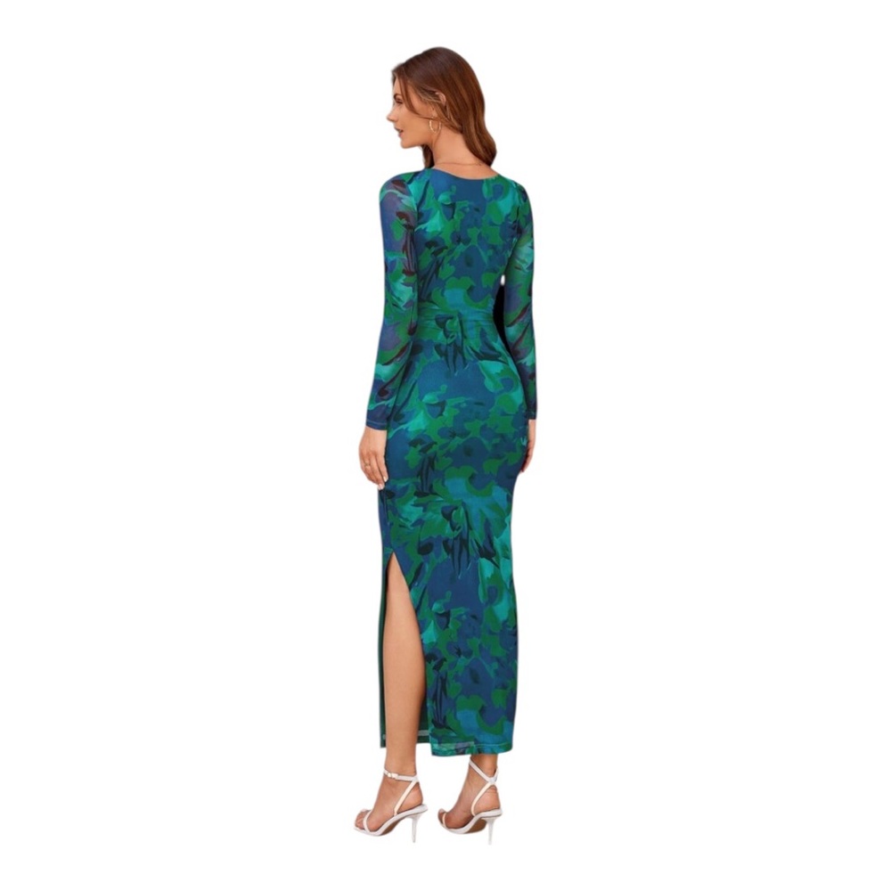 Green and Blue Long Sleeve Bodycon Dress for Night Out - Picture 4 of 15